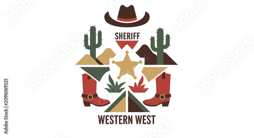Tableau sur toile Western Sheriff Badge Boots and Cactus Illustration.