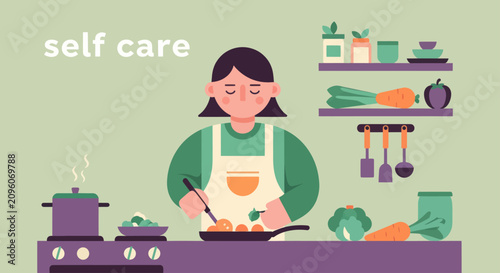 Foto Woman cooking healthy food at home for self care.