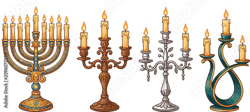 Bild auf Leinwand Vintage Candelabra and Hanukkah Menorah Vector Illustration Set with Burning Can