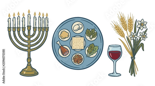 Foto Menorah, Seder plate and wine glass symbolizing Jewish holiday traditions