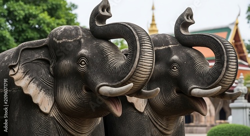 Ornate Elephant Statues Standing Outside Traditional Temple Courtyard