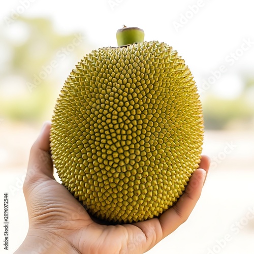 Large Spiky Green Jackfruit Held in Hand Against Blurred Outdoor Background
