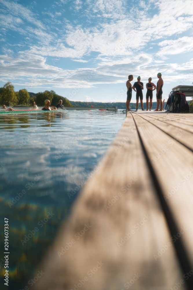 Fototapeta premium Swimmers standing on a wooden pier by the lake. Men and woman preparing for open water swim training. Competition and outdoor sports lifestyle concept. Healthy activity at sunny day.