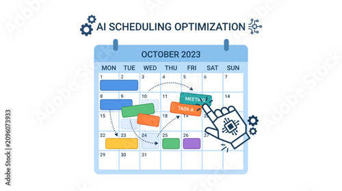 AI scheduling optimization, calendar icon, vector illustration, October 2023, productivity concept