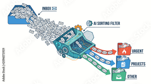 AI sorting filter, inbox organization, task management icons, workflow automation, productivity tools
