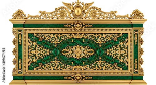 Ornate Emerald Green and Gold Decorative Panel Isolated on White Background