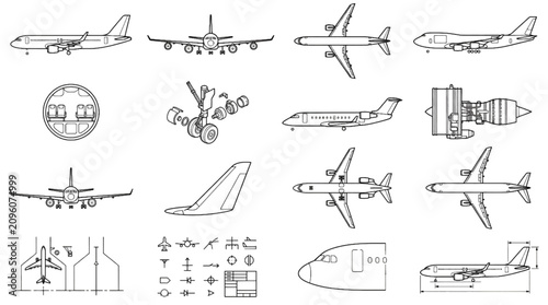 Commercial Aircraft Orthographic Blueprint Black and White CAD Vector Set Featuring Side Front Top Views and Technical Aviation Drawings