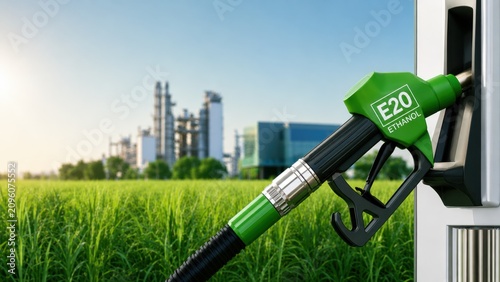 E20 Ethanol Fuel Nozzle at Biofuel Pump with Green Energy Crop Field and Industrial Biorefinery Background