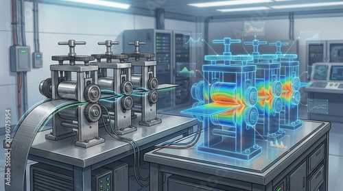 Animated medium shot of an advanced virtual twin replicating tandem cold mill machinery to analyze performance and enhance precise control remotely.
