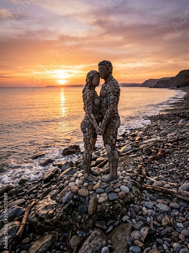 Stone couple sculpture standing on beach at sunset