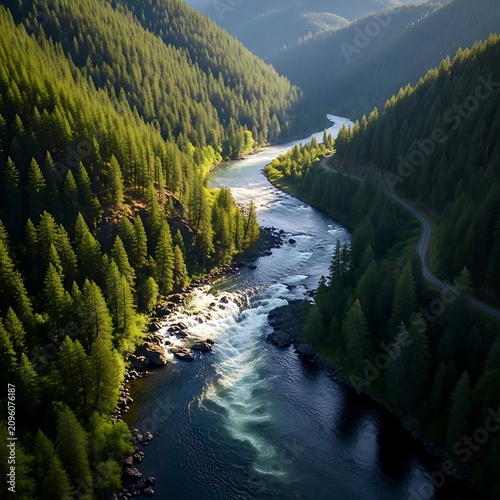 Sunlit Mountain River Winding Through Dense Evergreen Forest Valley