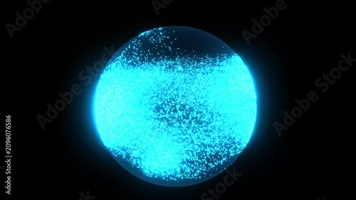 Glowing blue particles swirl inside a dark glass sphere in a cinematic 3D animation loop depicting abstract neural network data visualization