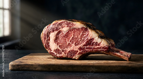 Raw bone-in ribeye steak resting on wooden board in dark kitchen