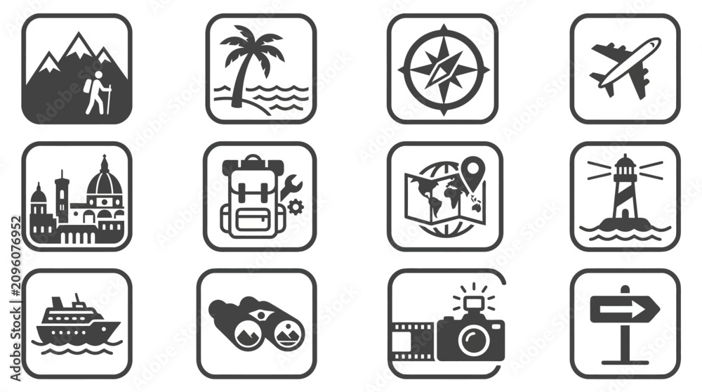 Fototapeta premium Travel and adventure square icon collection