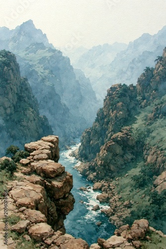 Watercolor Landscape of a Serene Mountain Canyon