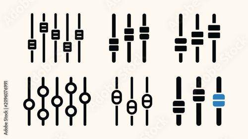 Obraz na plátne Audio mixer fader vector icon collection, sound control console sliders set, various designs