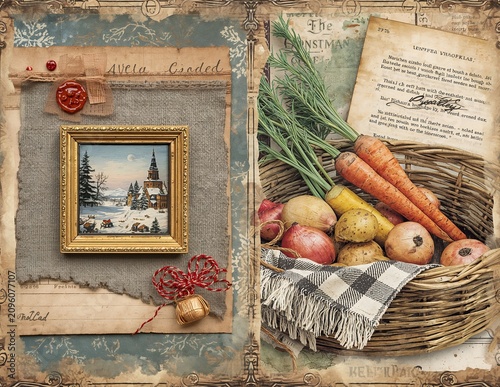 Vintage collage featuring a framed winter painting and a wicker basket filled with root vegetables and herbs