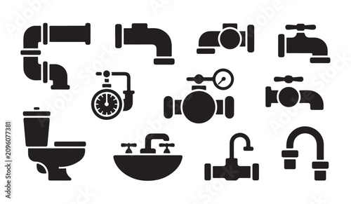 Fotografía Set of plumbing icons featuring various pipes faucets water valves and sanitation fixtures