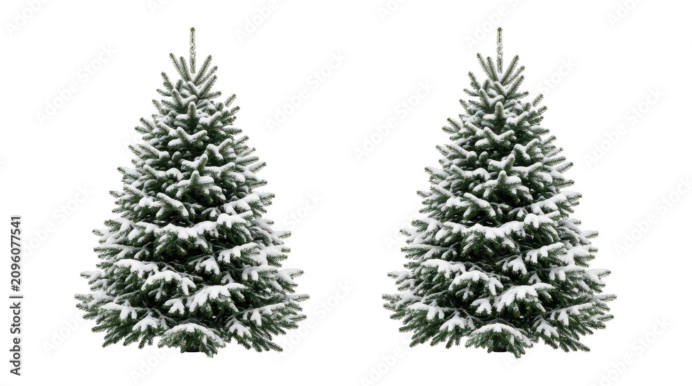 Fototapeta premium Two snowy pine trees for winter holiday decoration isolated on transparent background
