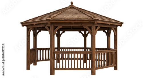 Valokuva Elegant wooden gazebo with a shingled roof and intricate post details