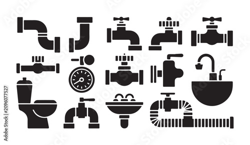 Bild auf Leinwand Bathroom plumbing and sanitary equipment icons including toilet sink and flexible conduits