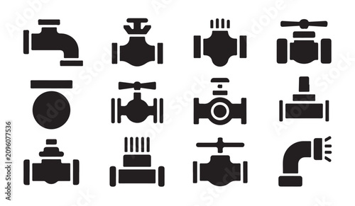 Tableau sur toile Plumbing gate valves and industrial pipe fittings black silhouette icons for water control