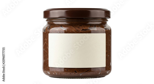 Obraz na płótnie Glass jar filled with creamy chocolate spread and a blank label for branding