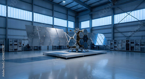 Large communications satellite in high-tech aerospace assembly facility