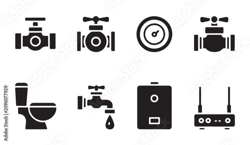 Fotografía Home utility and sanitation solid icons featuring toilet boiler faucet and pressure gauge