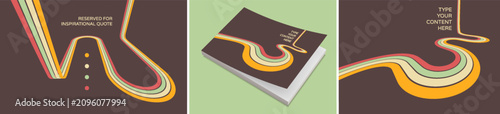 Softcover book layout. Cover design template. A retro 1970s-style background. Colorful lines. Dynamic curved ribbons. Copy space. Vector illustration for brochure, cover, notebook or notepad.