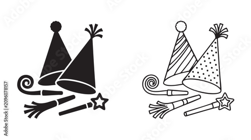 Foto party hats and noise makers black silhouette with line art vector icon