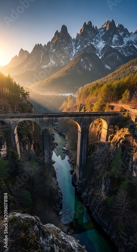 Majestic Stone Arch Bridge Spanning Mountain Gorge at Sunrise