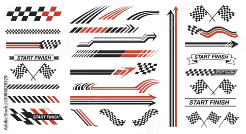 Collection of racing flags and speed lines for sports and automotive design.