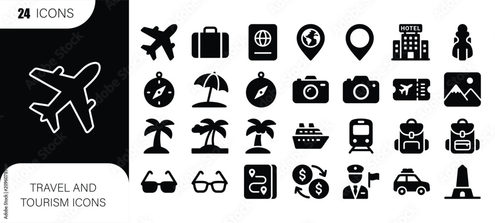 Fototapeta premium Travel and tourism vector icon set for vacation planning. Flat design line art symbols for hotels, flights, and attractions.