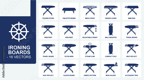 Ironing boards vector set with various household laundry equipment and folding designs on display
