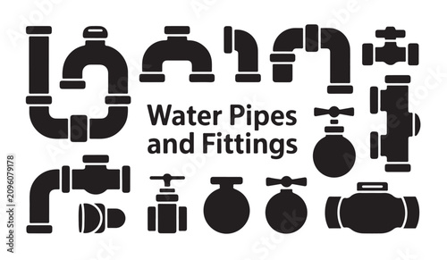 Fotografía Set of various industrial water pipe fittings and valves icons in simple black style