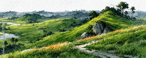 Vibrant Watercolor Landscape Rolling Green Hills River