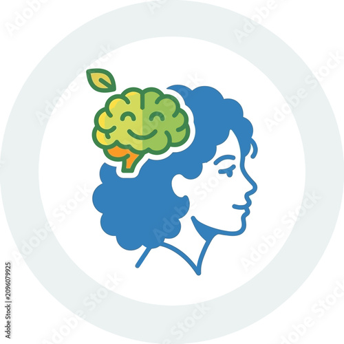 Fotografía Mental health concept illustration with a smiling brain inside a woman profile