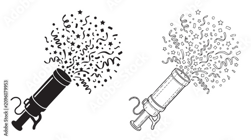 Foto black silhouette with line art vector icon of party popper exploding confetti