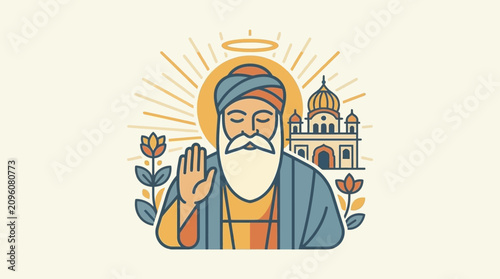 Konstfotografi Vibrant illustration of a Sikh guru giving blessings near a gurdwara