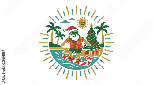 Photography Santa Claus surfing on a candy cane board near a tropical Christmas tree