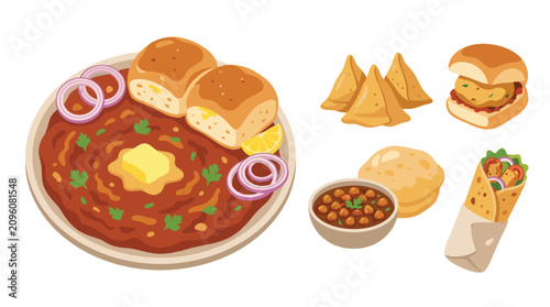 Bild auf Leinwand Indian street food heavy Collection pav bhaji vegetable mash, chole bhure chickpea, vada pav potato fritter, samosa fried pastry, kathi roll wrap