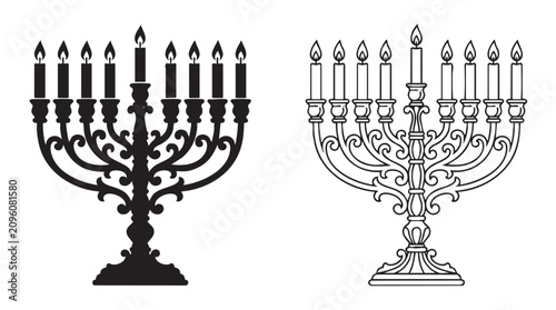 Картината върху платно menorah with candles black silhouette line art vector icon black silhouette with