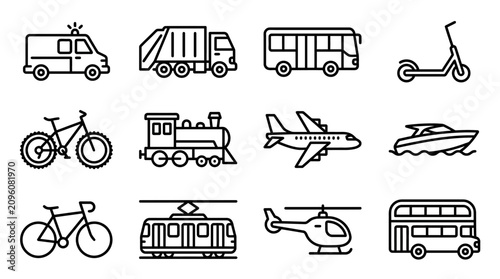 Vehicle Icons: Transportation Set - Ambulance, Truck, Bus, Scooter, Bike, Train, Plane, Boat