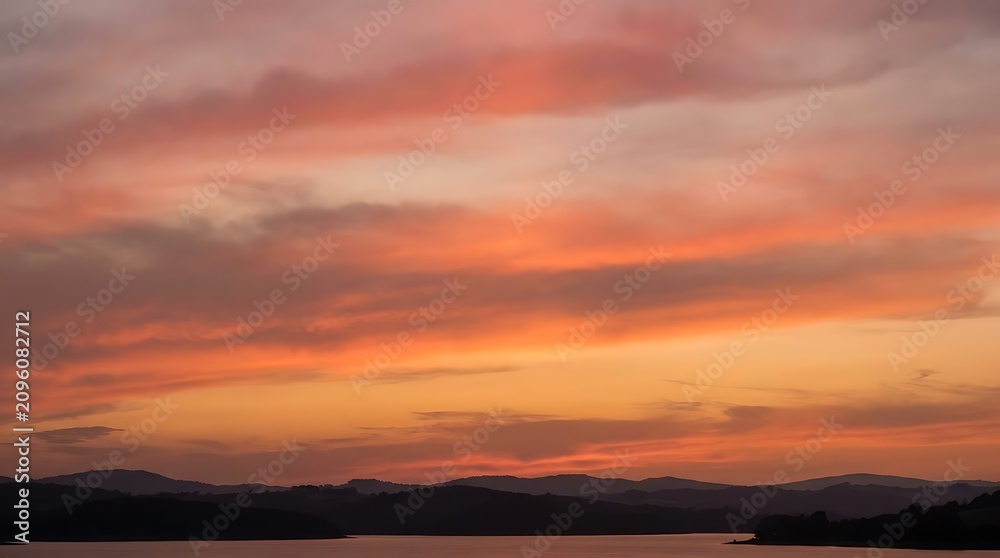 Obraz premium Vibrant sunset over calm waters with silhouetted mountains