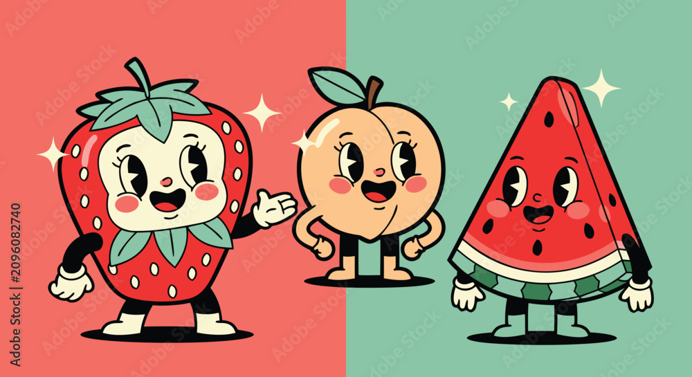 Fototapeta premium Cute Retro Fruit Cartoon Character Vector Illustration Design Featuring Strawberry Peach And Watermelon Friends For Creative Graphics