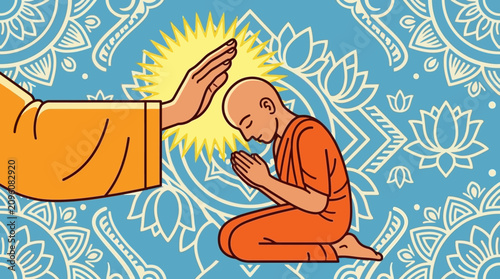 Billede på lærred A monk receives a divine blessing while kneeling in deep prayer
