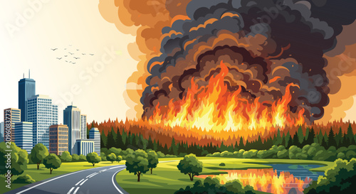 Quadro em tela Catastrophic Wildfire Threatening City Near Forest Landscape Vector Illustration