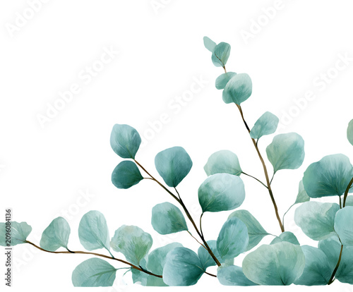 Watercolor corner border wreath with green eucalyptus leaves and branches. Greenery clipart for wedding invitation, greeting cards, save the date, stationery design. Hand drawn illustration.
