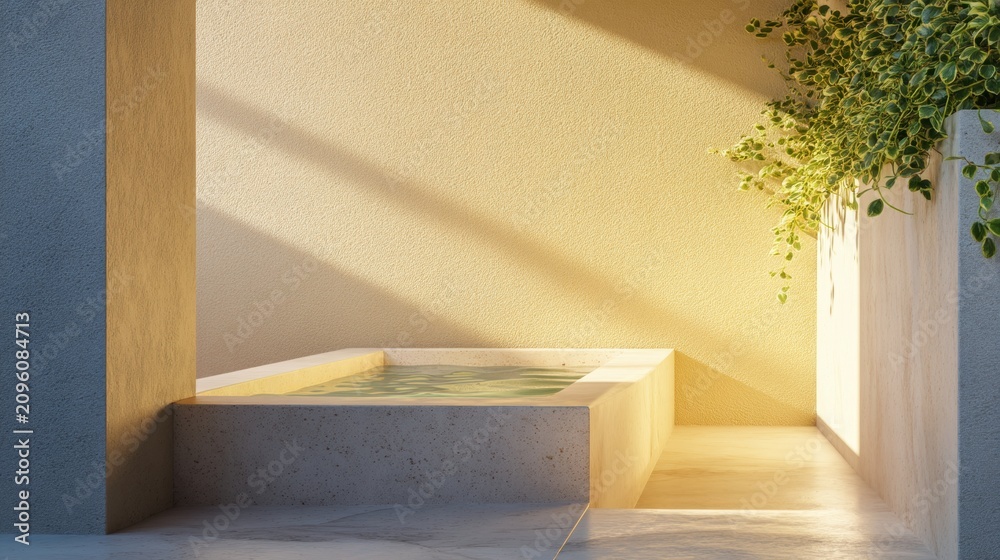 Fototapeta premium Minimalist stone bathtub in modern bathroom interior. Relaxing spa zone with sunlight and green plant. Calm wellness oasis for home design concept, architectural luxury lifestyle.